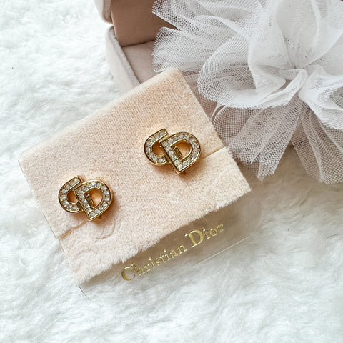 Vintage Dior Gold-Finish Metal and White Crystals CD Ear Clips