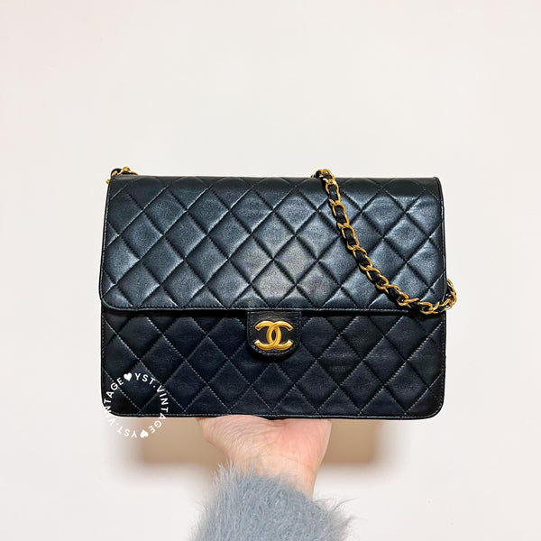 Vintage Chanel Push-Lock 25cm Square Flap Bag - Black x Gold