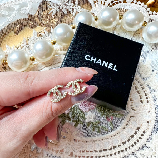 Vintage Chanel Champagne Gold Metal and Rhinestone Coco Mark Earrings