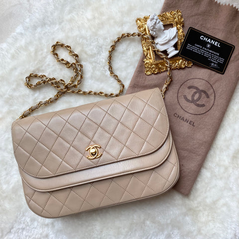 Vintage Chanel Double Flap Bag - Light Beige