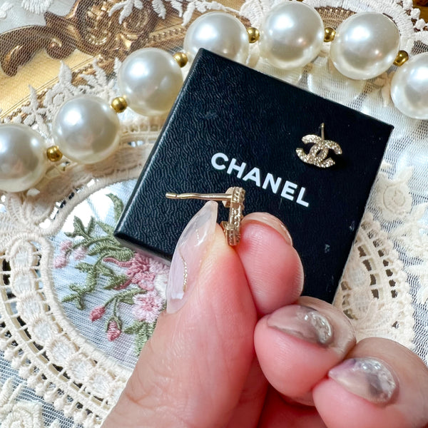 Vintage Chanel Champagne Gold Metal and Rhinestone Coco Mark Earrings