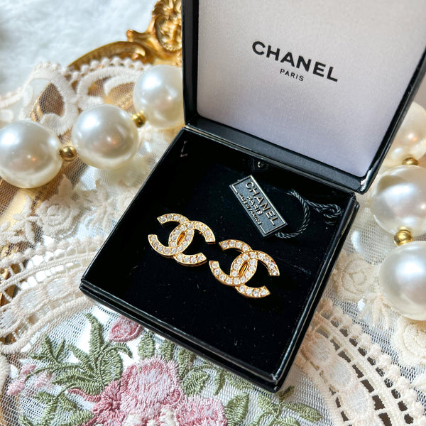 Vintage Chanel 24KGP and Rhinestone 1980s Coco Mark Ear Clips