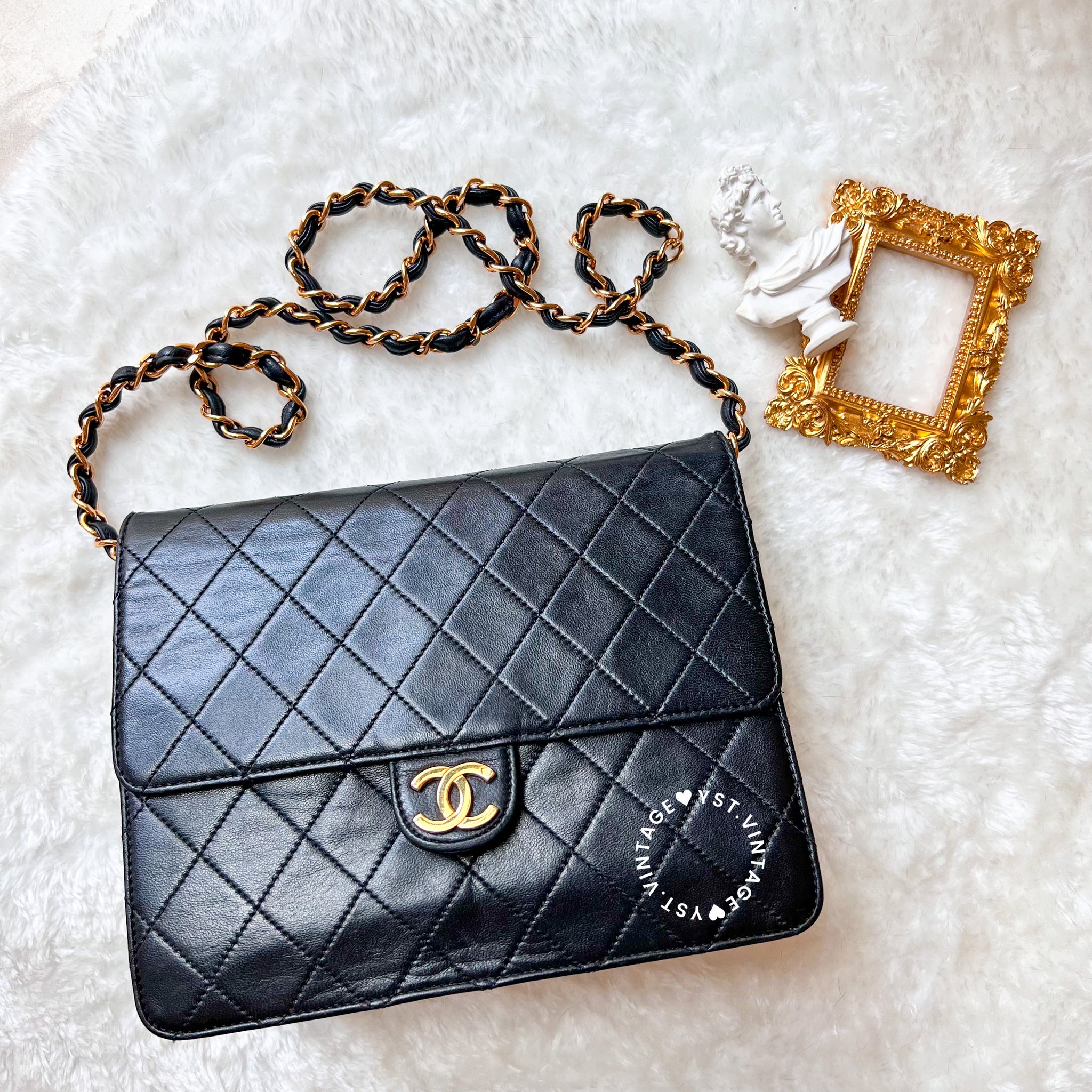 Vintage Chanel Push-Lock 22cm Square Flap Bag - Black x Gold 003 (Code: 038300)