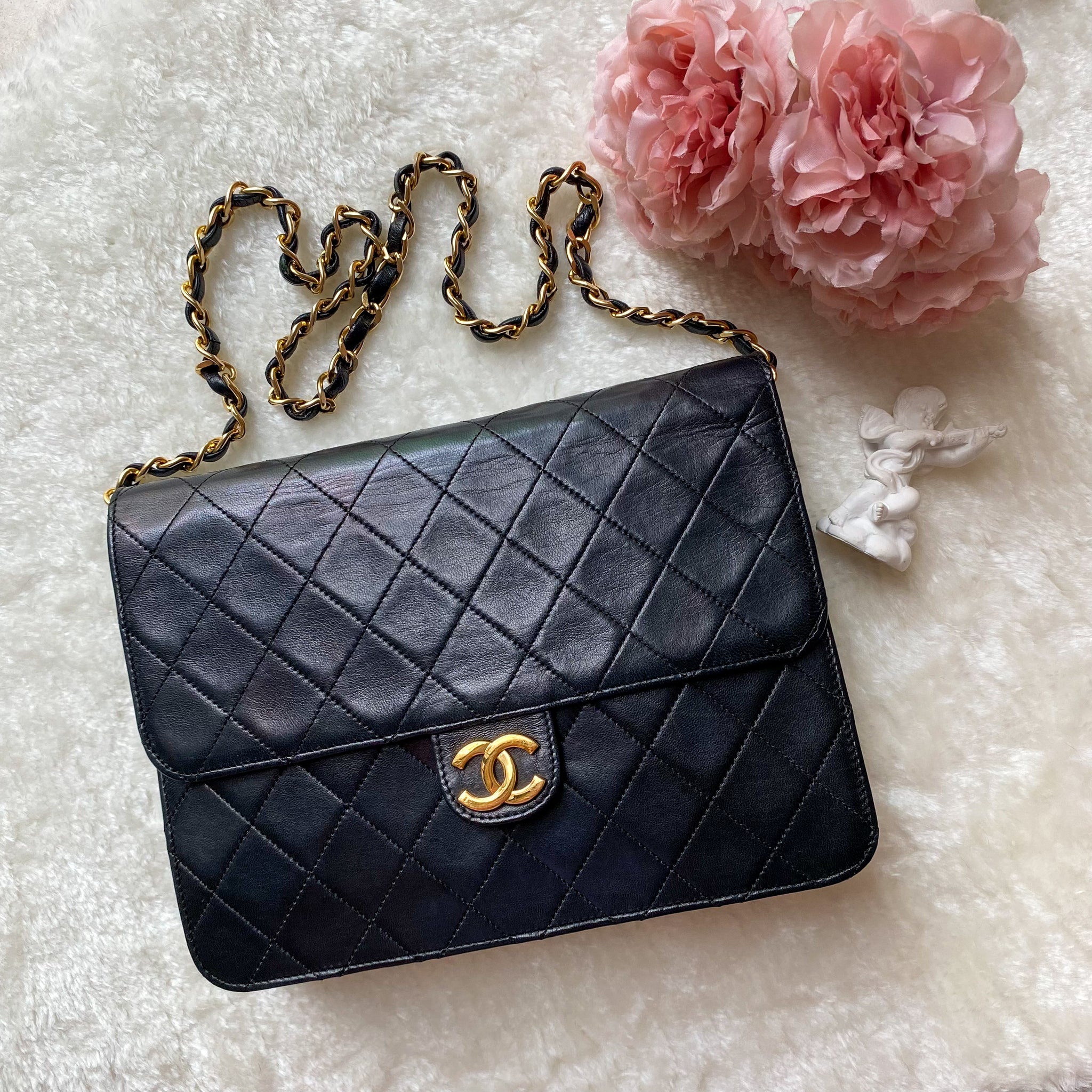 Vintage Chanel Push-Lock 22cm Square Flap Bag - Black x Gold 002 
